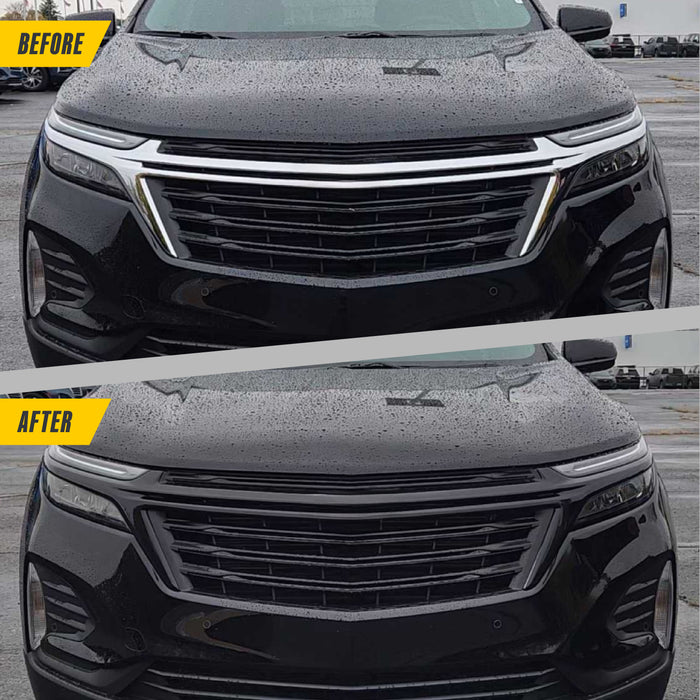 Before and after ABS6801BLK gloss black grille overlay on 2022 Chevrolet Equinox