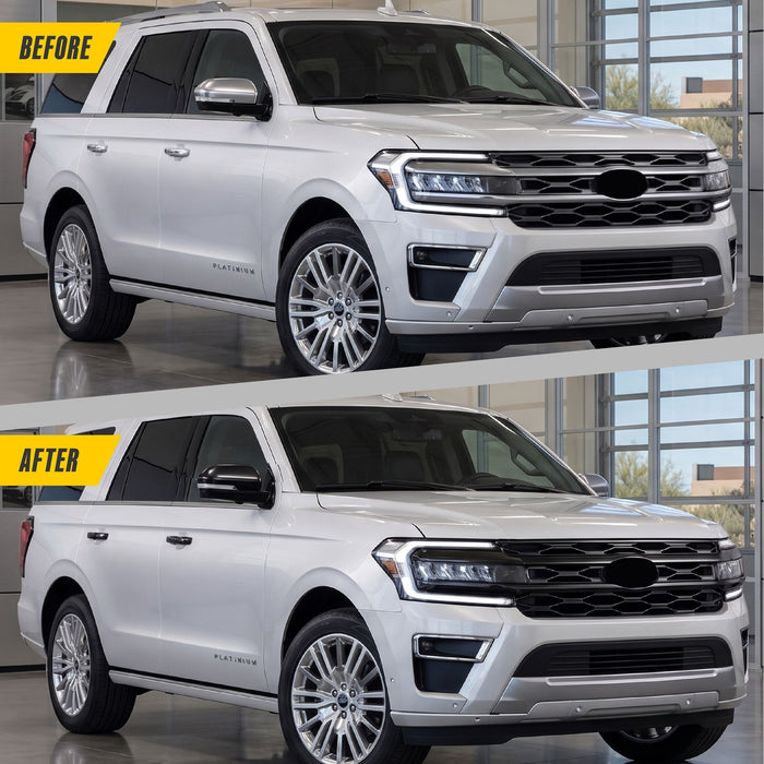 Before and after: Ford Expedition factory look vs ABS6806BLK gloss black grille overlay