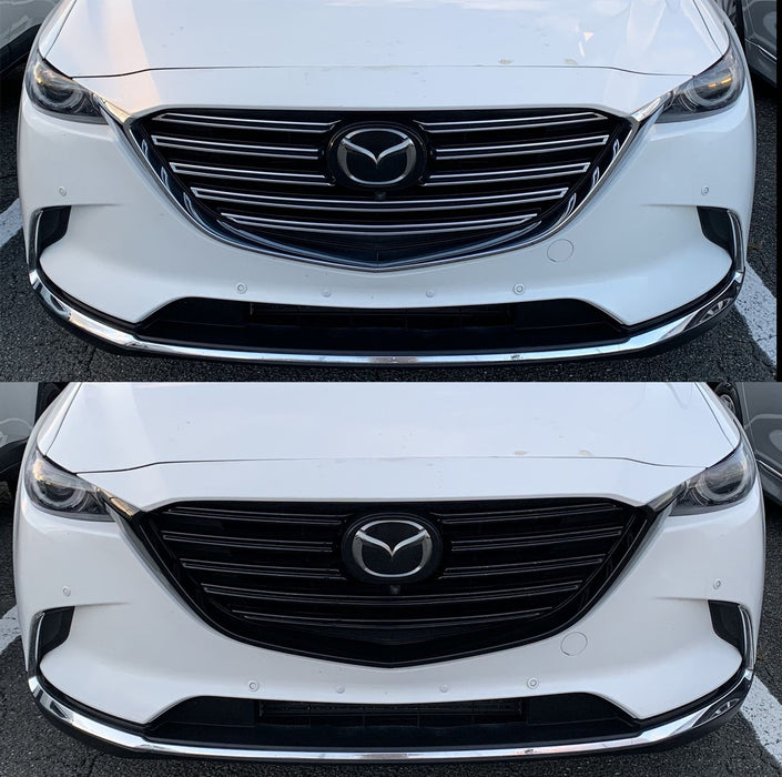 Comparison of a white Mazda car with and without a black grille chrome delete
