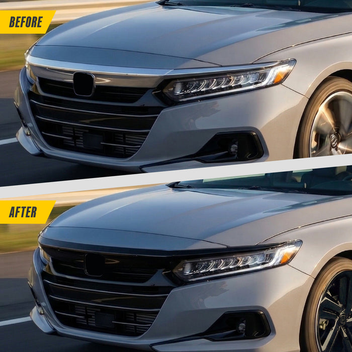 Before and after ABS6817BLK gloss black grille overlay on 2022 Honda Accord
