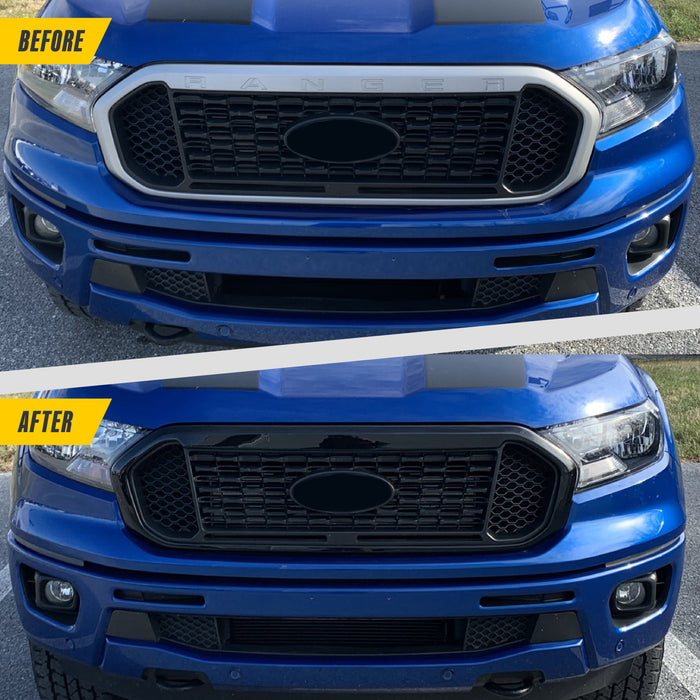 Before and after ABS6822BLK gloss black grille overlay on 2023 Ford Ranger