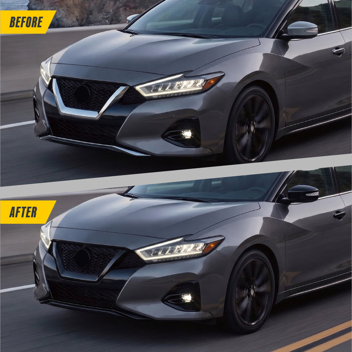 Before and after ABS6825BLK gloss black grille overlay on 2020 Nissan Maxima