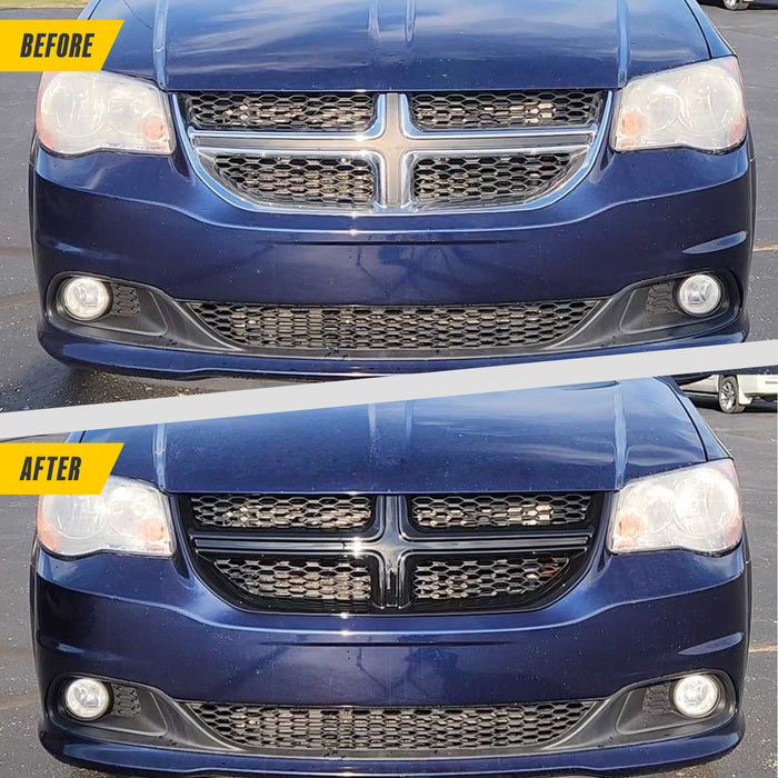 Before and after ABS6828BLK gloss black grille overlay on 2015 Dodge Grand Caravan