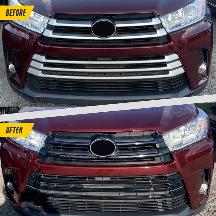 Before and after ABS6832BLK gloss black grille overlay on 2018 Toyota Highlander