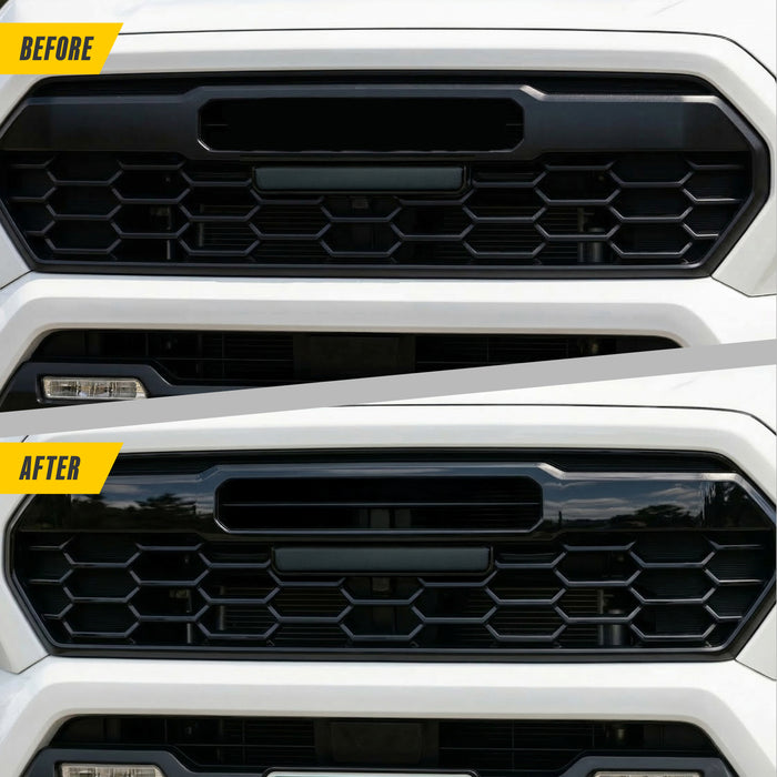 Before and after ABS6835BLK gloss black grille overlay on 2026 Toyota Tacoma TRD