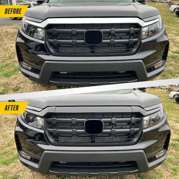 Before and after ABS6838BLK gloss black grille overlay on 2023 Honda Ridgeline