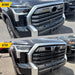 Before and after ABS6844BLK chrome delete grille overlay on 2024 Toyota Tundra