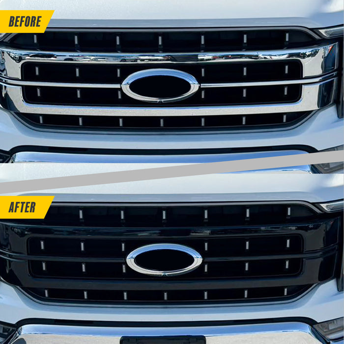 Before and after ABS6852BLK gloss black grille overlay on 2023 Ford F-150 Lariat
