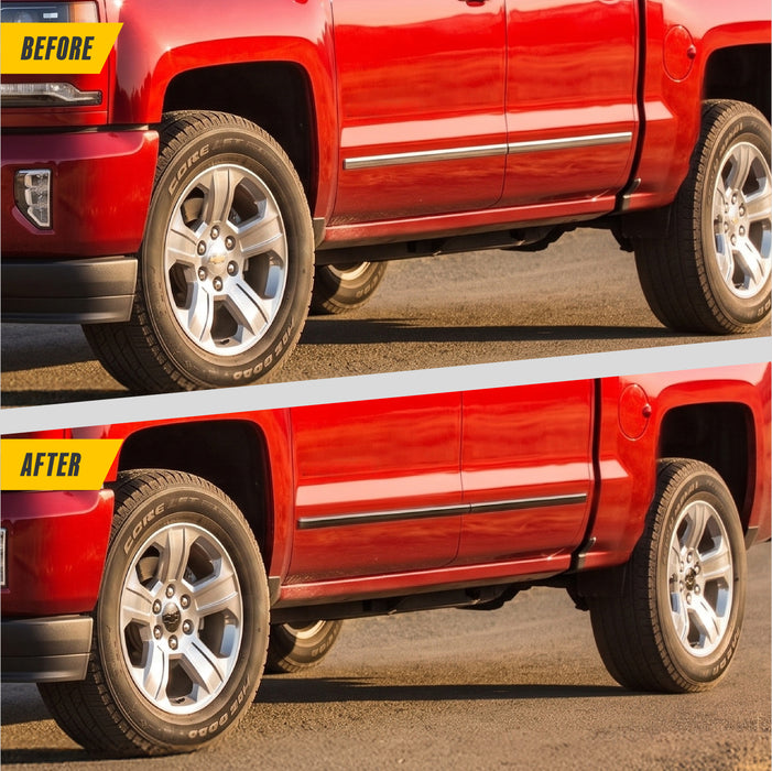 Before and after CCAP6800BLK gloss black wheel caps on 2020 Chevrolet Silverado 1500