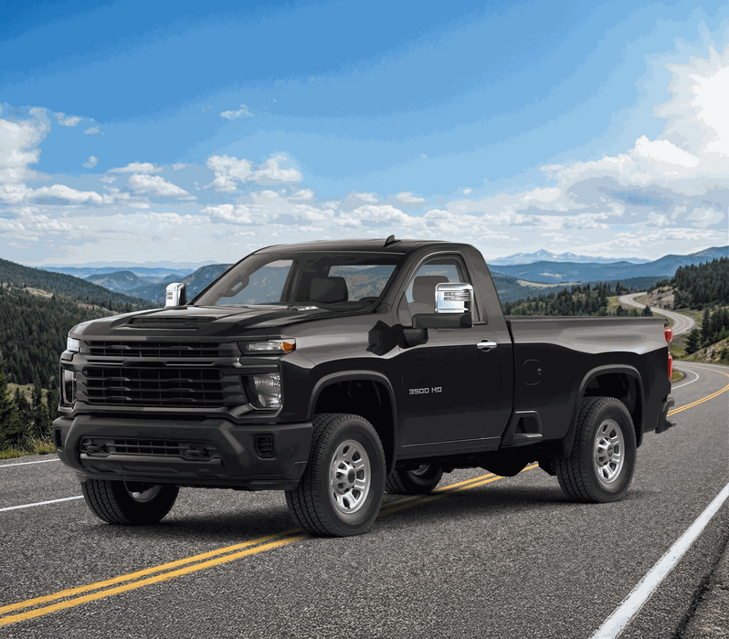 MC364 chrome mirror covers fitted on a Chevrolet Silverado 2500HD, lifestyle photo