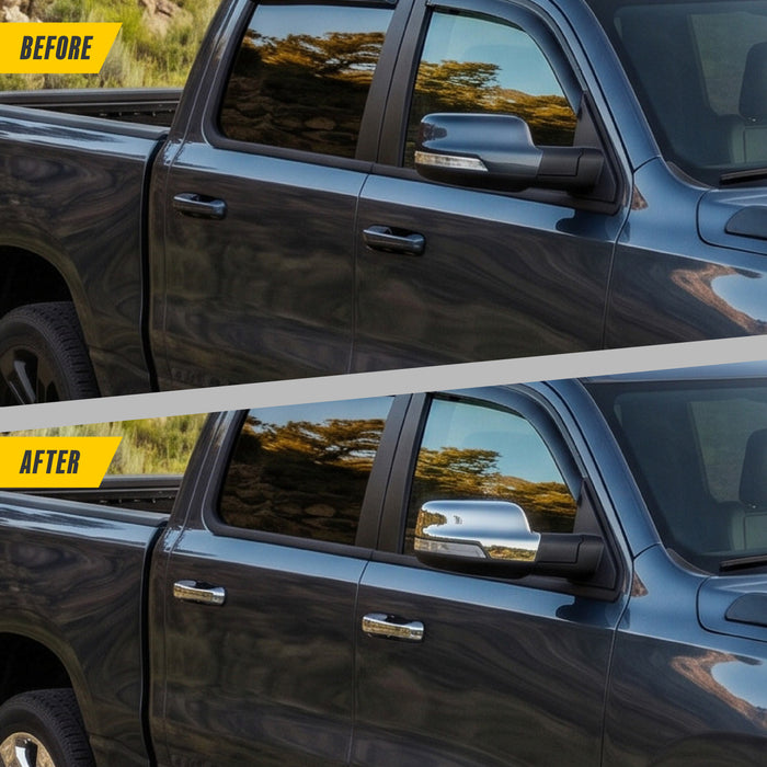 Before and after DH296 chrome door handle covers on 2021 Ram 1500