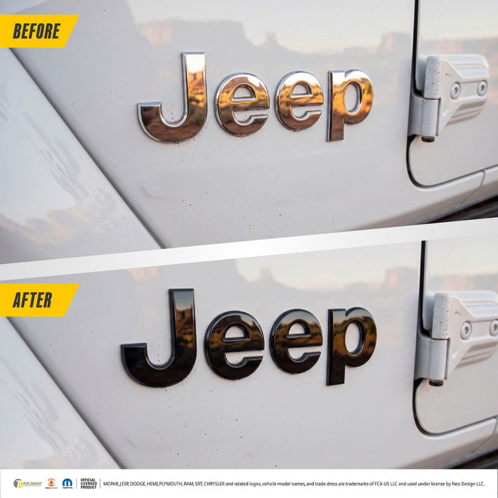 Before and after: Jeep Gladiator factory look vs LET200BLK gloss black lettering set