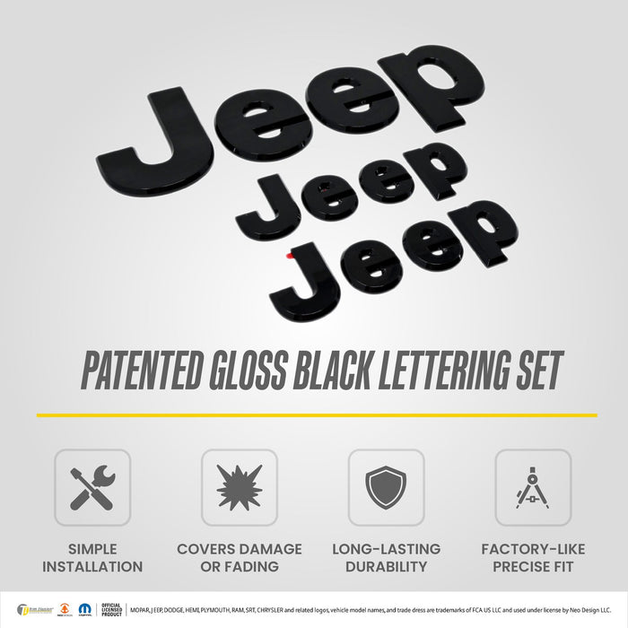LET200BLK patented gloss black lettering set for 2025 Jeep Gladiator - feature icons
