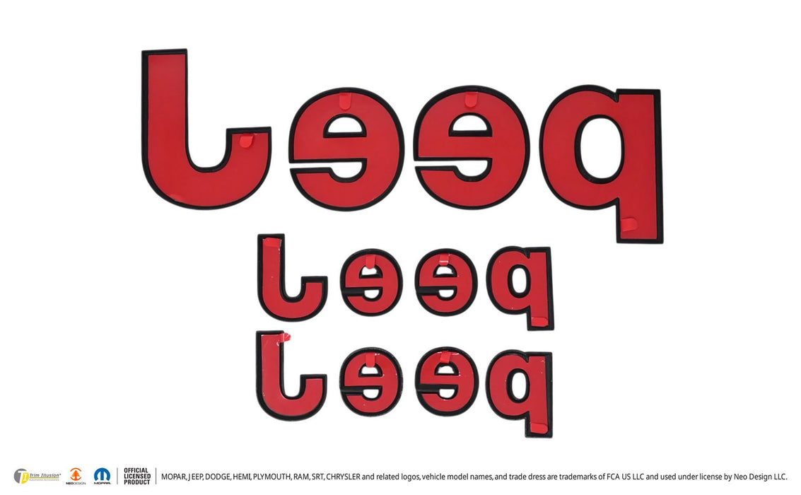 Back of LET200BLK gloss black lettering set with pre-applied red-backed adhesive tape for 2024 Jeep Gladiator