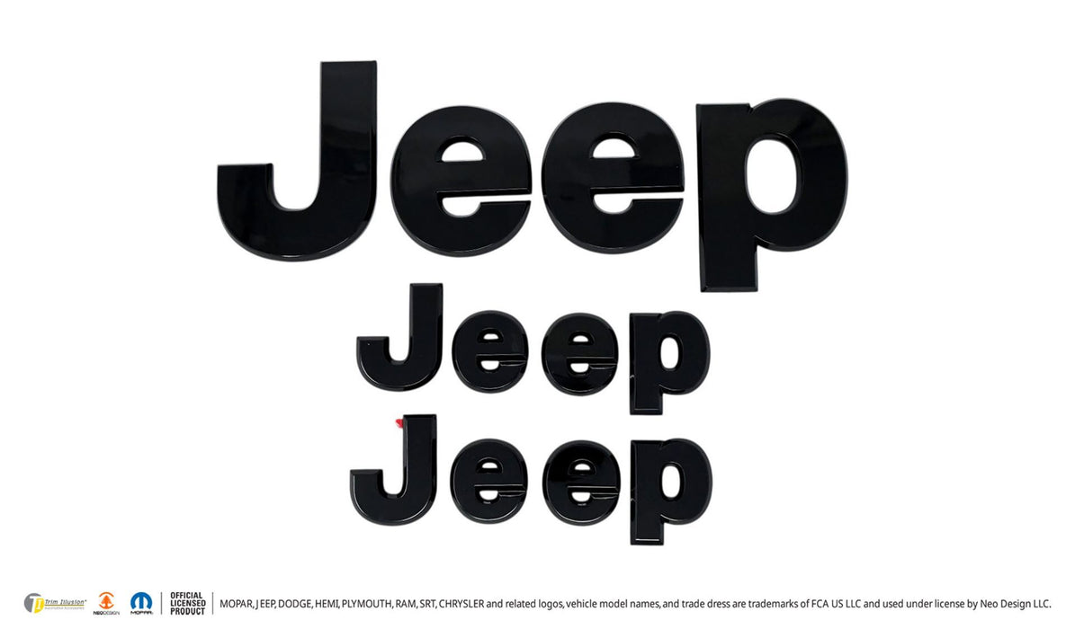 LET200BLK gloss black lettering set for 2026 Jeep Gladiator, front view, 3-piece set