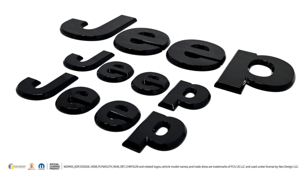 LET200BLK gloss black lettering set for 2022 Jeep Gladiator, second angled view, 3-piece set