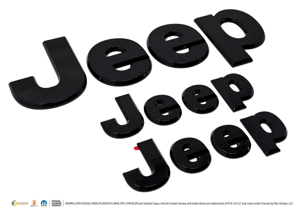 LET200BLK gloss black lettering set for 2025 Jeep Gladiator, angled view, 3-piece set