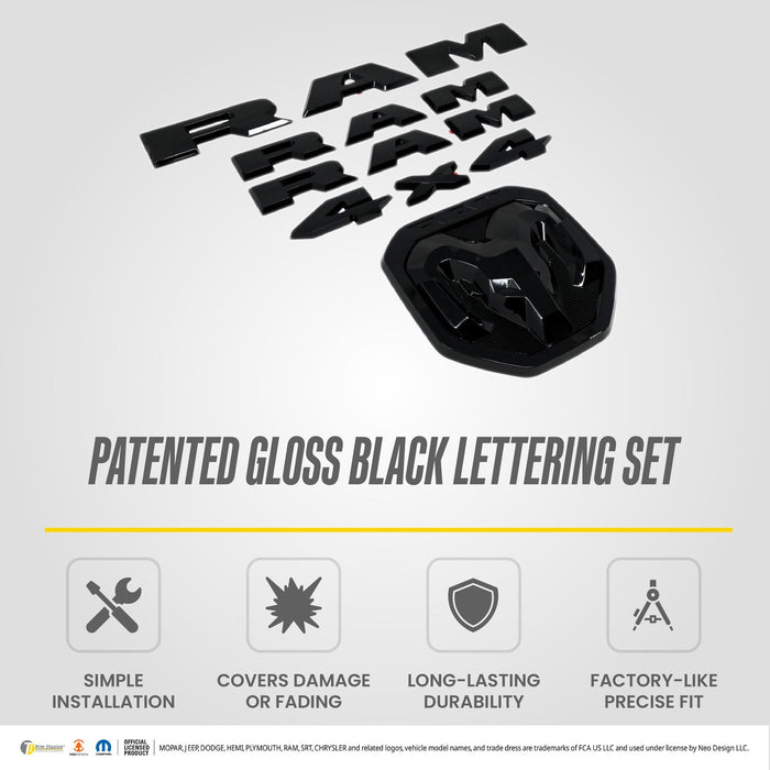 LET800BLK patented gloss black lettering set for 2022 Ram 1500 - feature icons