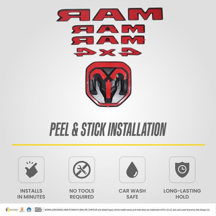 Peel and stick installation: LET800BLK 2022 Ram 1500 gloss black lettering set with pre-applied adhesive tape