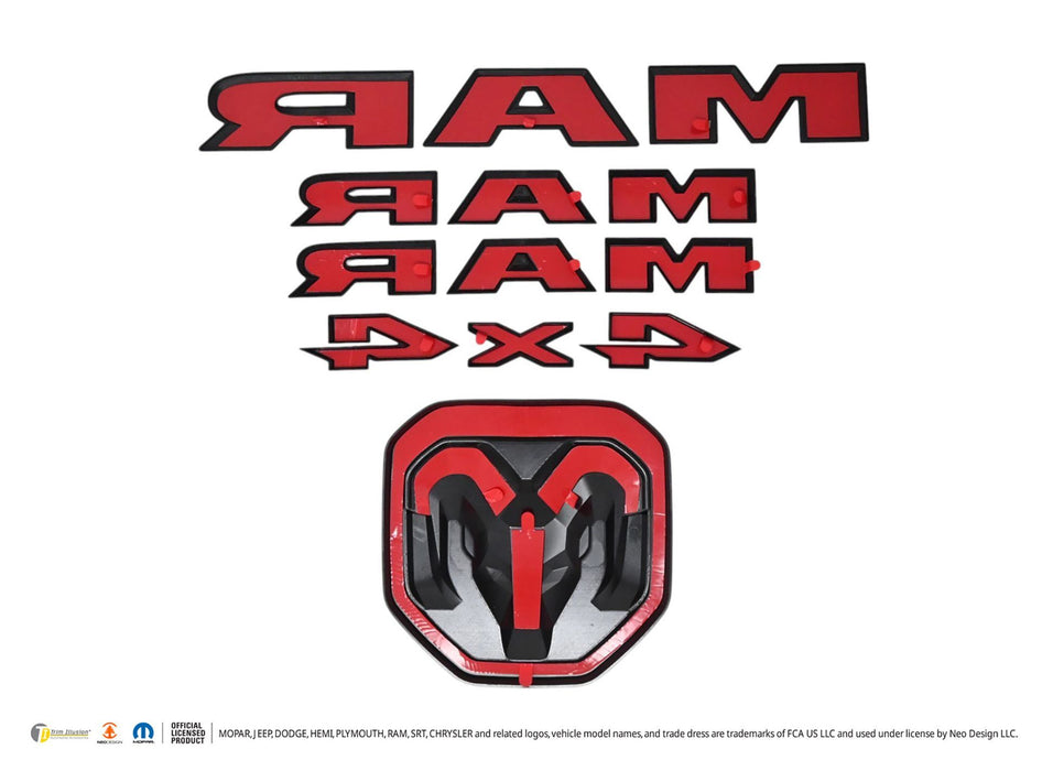 Back of LET800BLK gloss black lettering set with pre-applied red-backed adhesive tape for 2024 Ram 1500