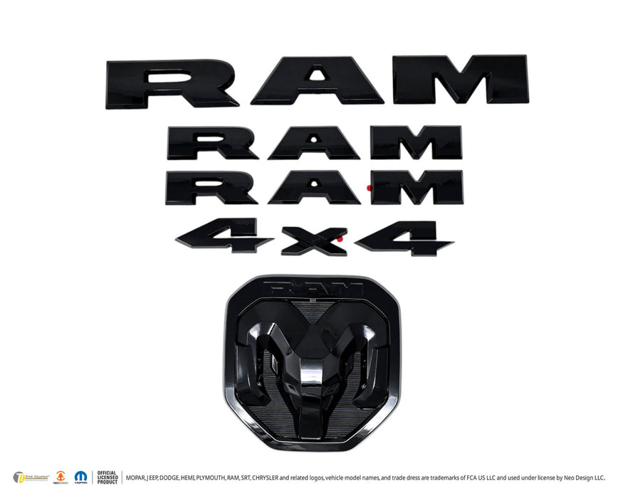 LET800BLK gloss black lettering set for 2020 Ram 1500, front view, 5-piece set