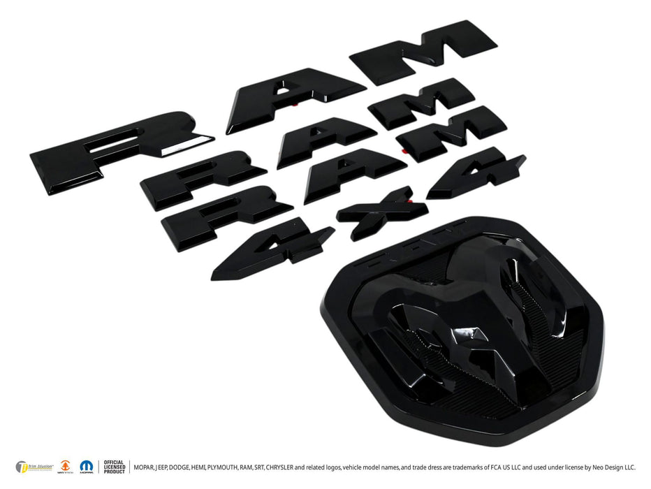 LET800BLK gloss black lettering set for 2020 Ram 1500, angled view, 5-piece set