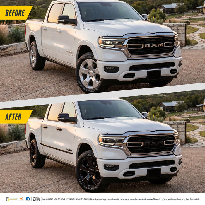 Before and after: Ram 1500 factory look vs LET802BLK gloss black lettering set