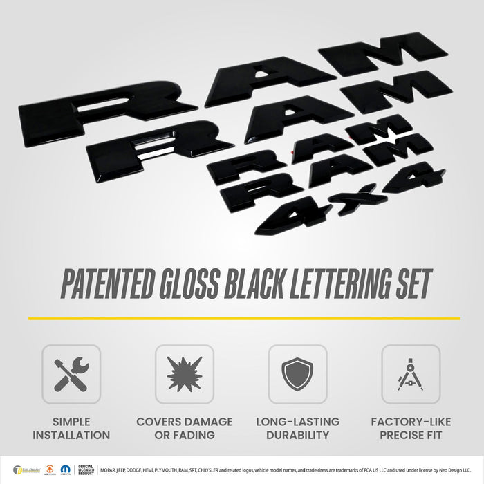 LET802BLK patented gloss black lettering set for 2025 Ram 1500 - feature icons