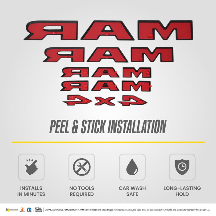 Peel and stick installation: LET802BLK 2026 Ram 1500 gloss black lettering set with pre-applied adhesive tape