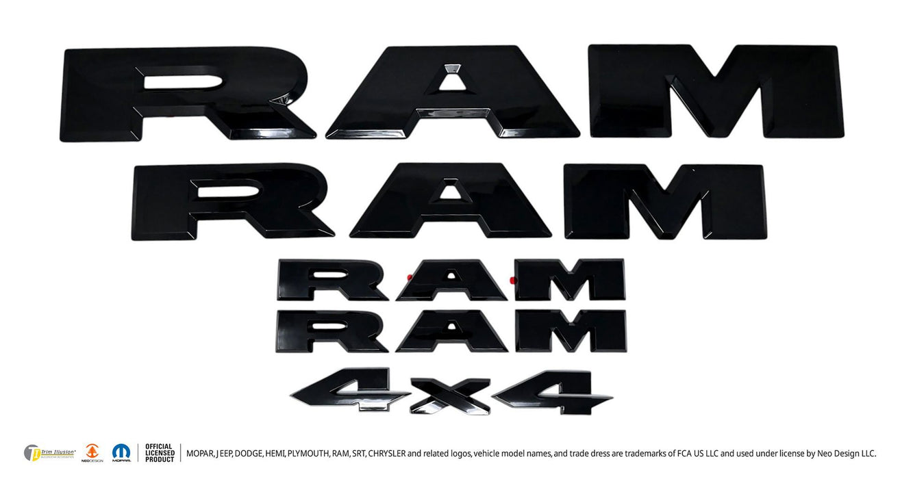 LET802BLK gloss black lettering set for 2026 Ram 1500, front view, 5-piece set