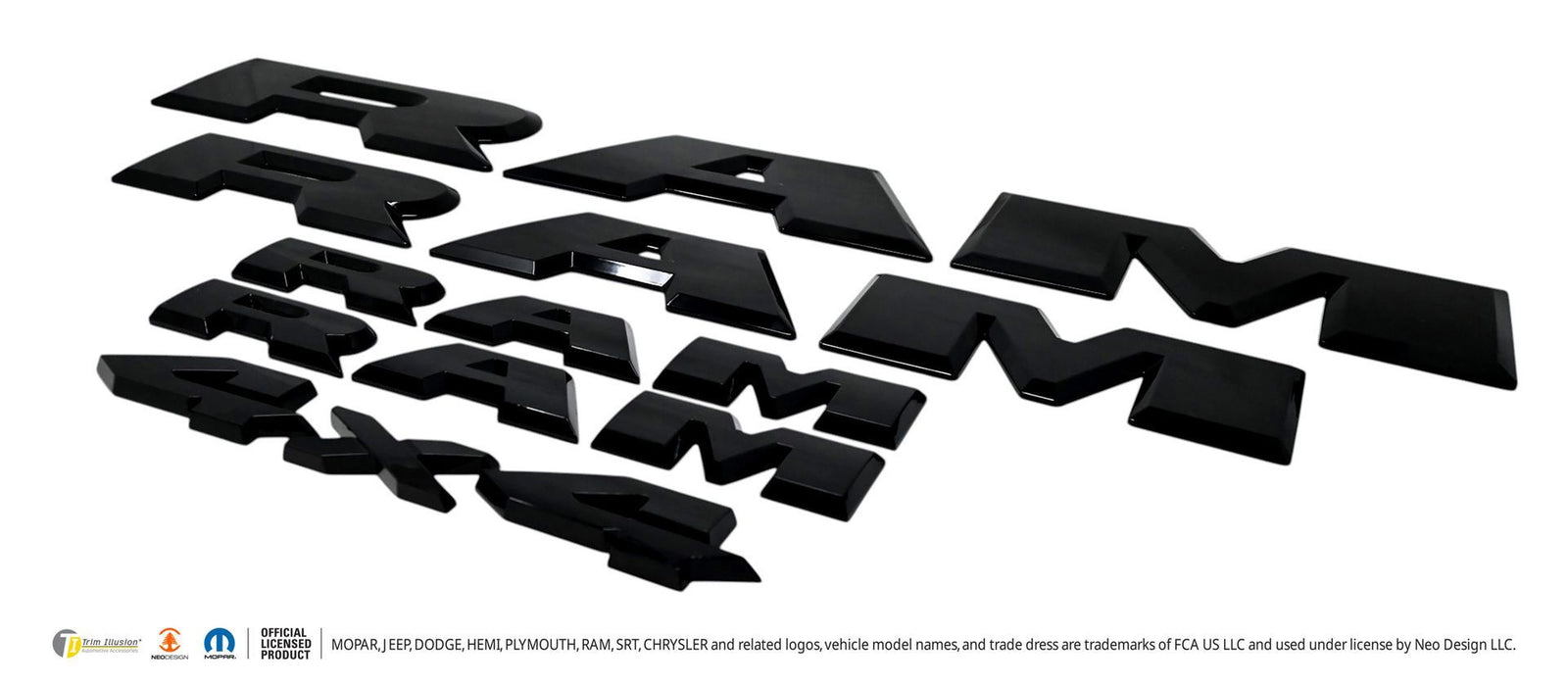 LET802BLK gloss black lettering set for 2026 Ram 1500, second angled view, 5-piece set