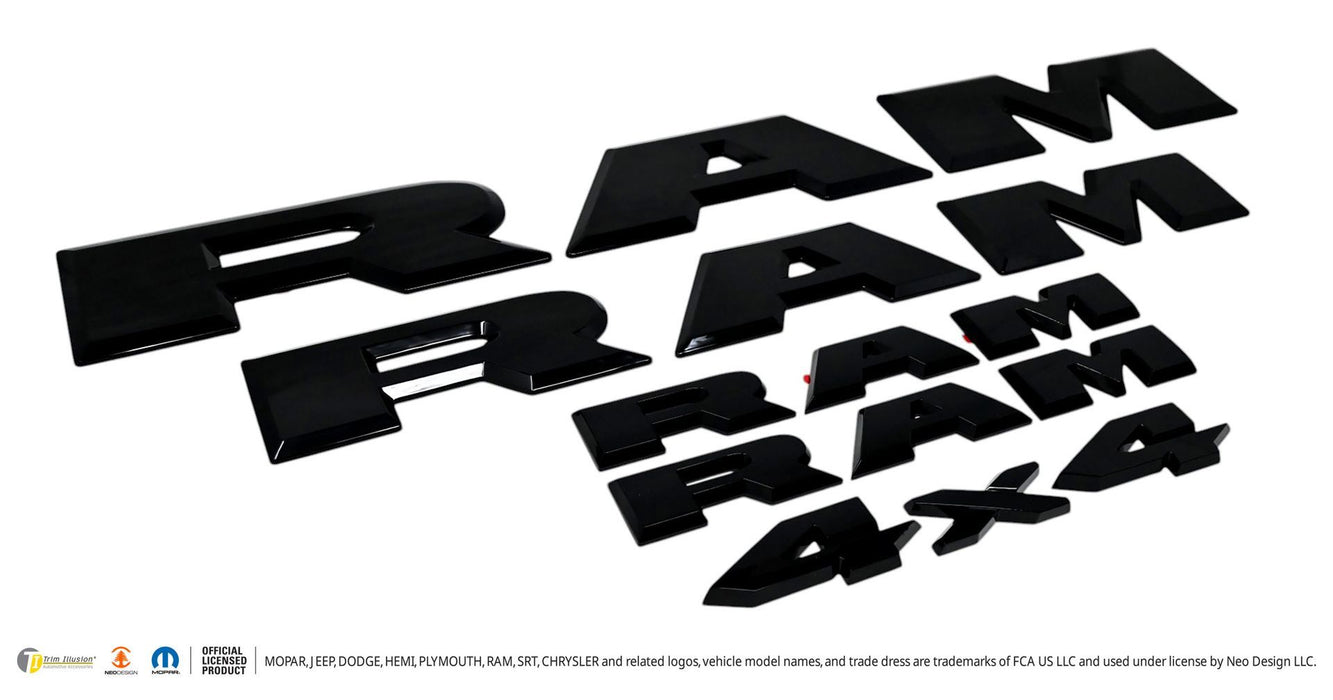 LET802BLK gloss black lettering set for 2025 Ram 1500, angled view, 5-piece set