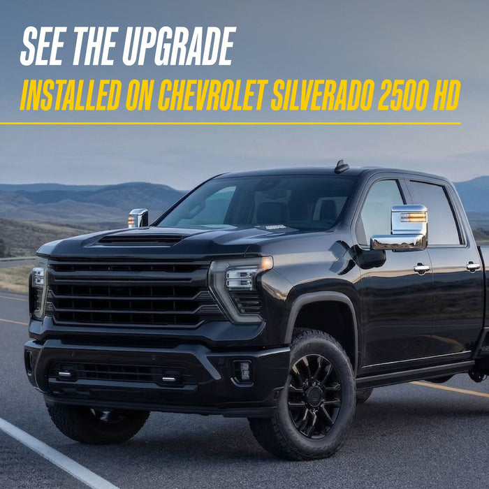 MC364 chrome mirror covers installed on a Chevrolet Silverado 2500HD