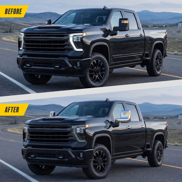 Before and after: Chevrolet Silverado 2500HD (identical mirror cover fits the GMC Sierra HD) factory look vs MC364 chrome mirror covers