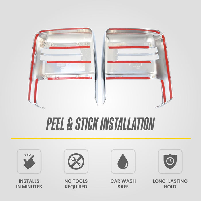 Peel and stick installation: MC364 2026 Chevrolet Silverado HD chrome mirror covers with pre-applied adhesive tape