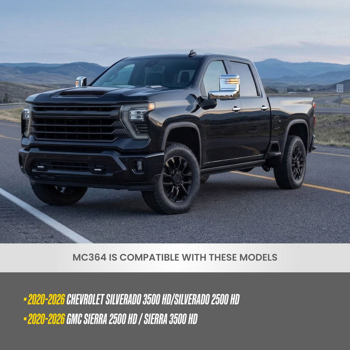 MC364 compatibility: fits 2020-2026 Chevrolet Silverado 2500HD/3500HD and GMC Sierra 2500HD/3500HD, shown on a Chevrolet Silverado 2500HD (identical mirror cover fits the GMC Sierra HD)