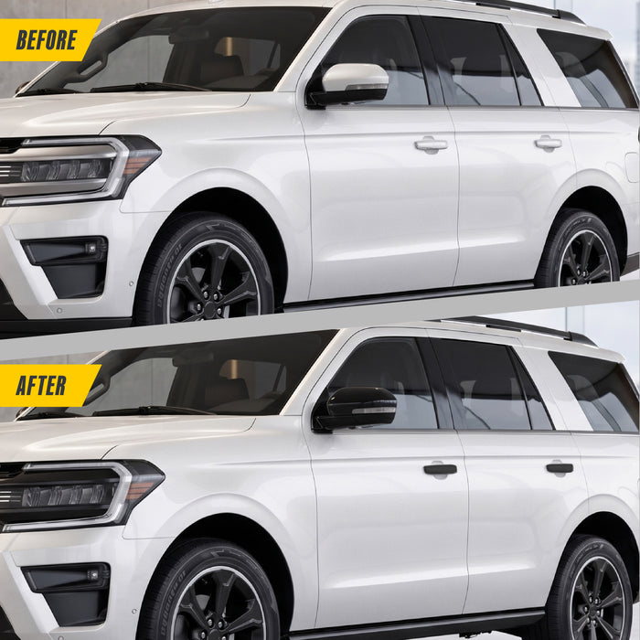 Before and after MC6333BLK gloss black mirror covers on 2023 Ford Expedition