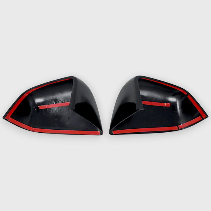 Two black chrome delete car side mirrors with red accents on a white background