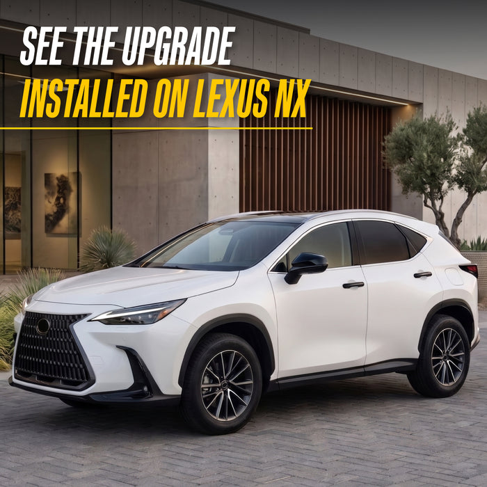White 2020 Lexus NX with Trim Illusion MC6384BLK Gloss Black Mirror Covers installed - see the upgrade