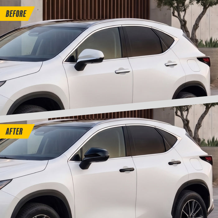 Before and after: factory chrome mirror vs MC6384BLK Gloss Black Mirror Cover on 2025 Lexus NX