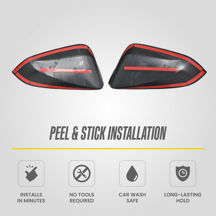 Back of MC6384BLK Gloss Black Mirror Covers showing peel and stick adhesive tape for 2019 Lexus NX - installs in minutes, no tools, car wash safe