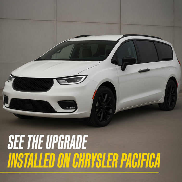 White 2017 Chrysler Pacifica with Trim Illusion MC6389BLK Gloss Black Mirror Covers installed - see the upgrade