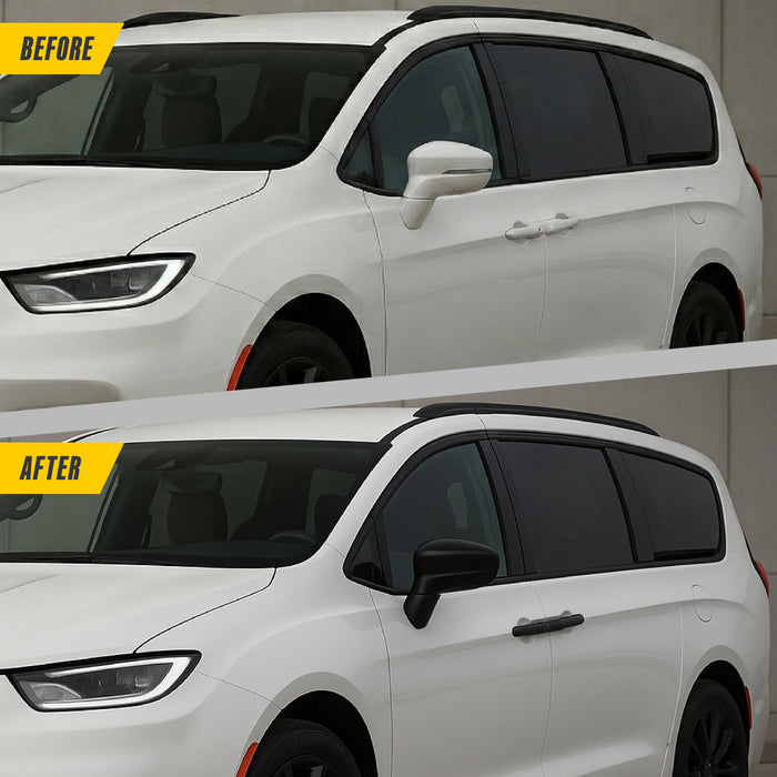 Before and after: factory chrome mirror vs MC6389BLK Gloss Black Mirror Cover on 2021 Chrysler Pacifica