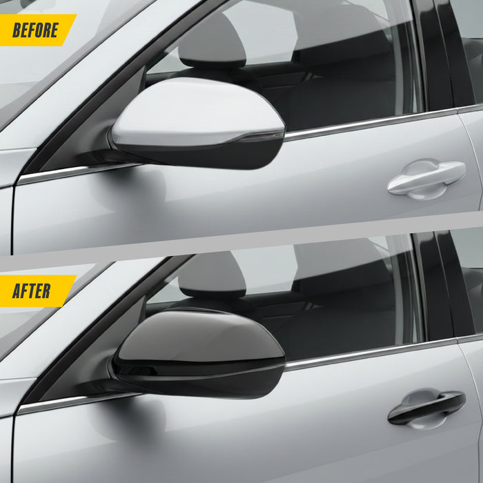 Before and after: factory silver mirror vs MC6391BLK Gloss Black Mirror Cover on 2026 Hyundai Elantra