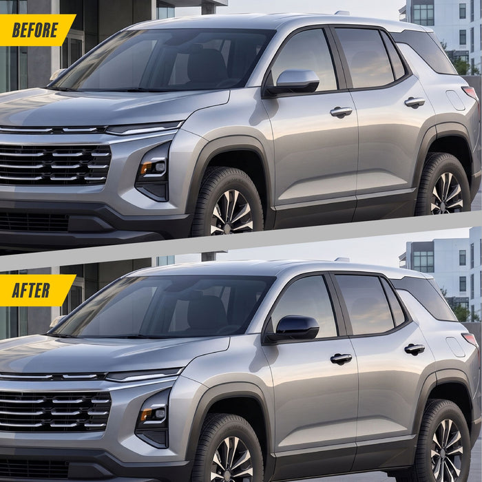 Before and after: 2026 Chevrolet Equinox factory mirrors vs MC6405BLK gloss black mirror covers