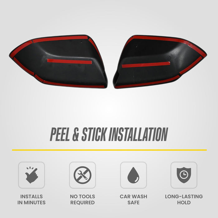 Peel and stick installation: MC6405BLK 2025 Chevrolet Equinox mirror covers with pre-applied adhesive tape