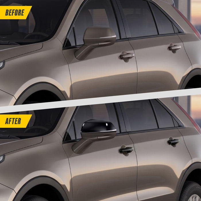 Before and after: 2025 Cadillac XT4 factory mirrors vs MC6406BLK gloss black mirror covers