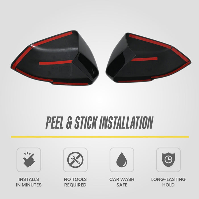 Peel and stick installation: MC6406BLK 2024 Cadillac XT4 mirror covers with pre-applied adhesive tape