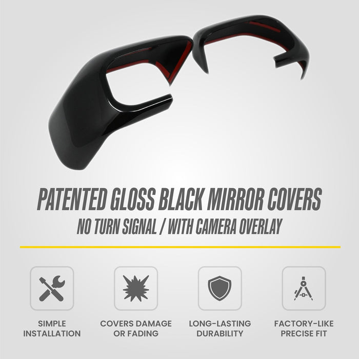 MC6407BLK patented gloss black mirror covers for 2021 Ford Bronco Sport (no turn signal, with camera) - feature icons