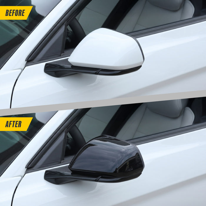 Before and after: 2023 Ford Mustang factory mirrors vs MC6408BLK gloss black mirror covers